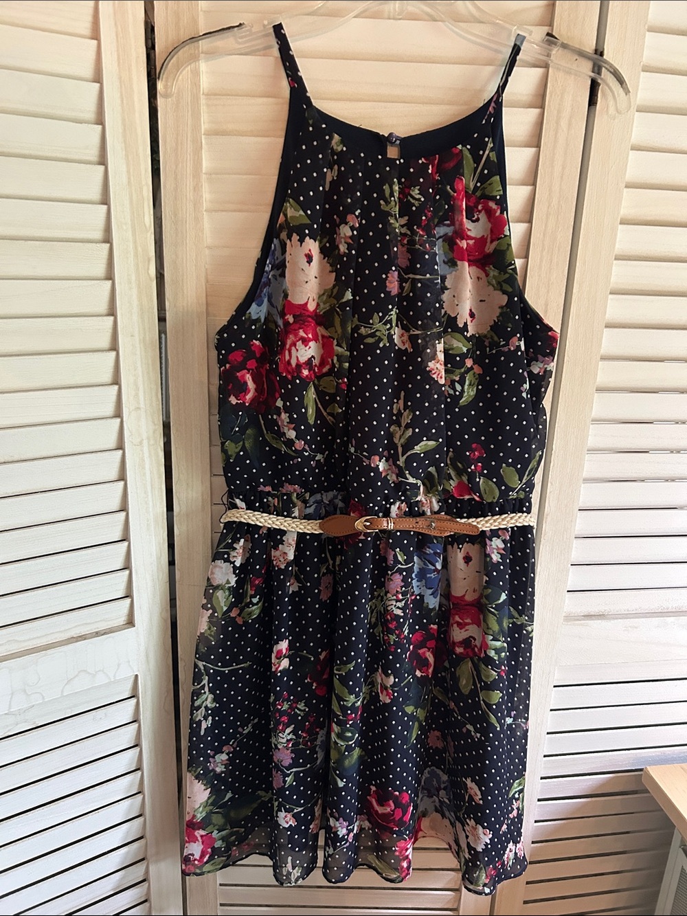 Navy Floral Polka Dot Halter Dress with Braided Belt